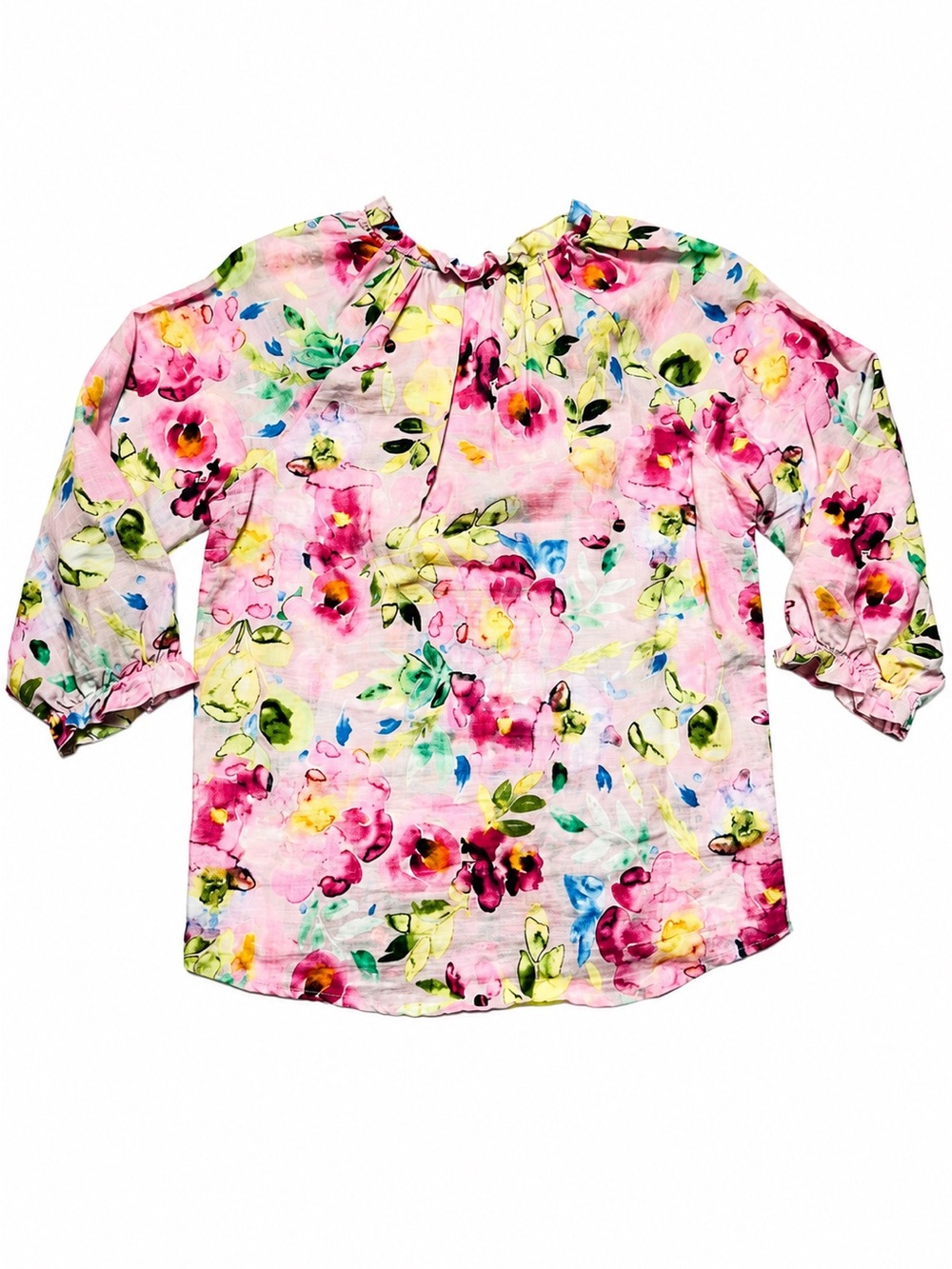 Linen Cotton Floral Blouse S Watercolor Cottagecore Romantic Boho Top - Picture 2 of 10